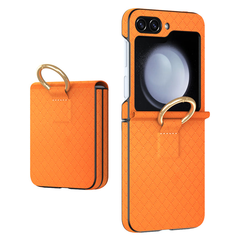 GKK For Samsung Galaxy Z Flip5 5G Hard PC PU Phone Case Grids Imprinted Slim Phone Cover with Ring Finger Holder GKK For Samsung Galaxy Z Flip5 5G Hard PC PU Phone Case Grids Imprinted Slim Phone Cover with Ring Finger Holder